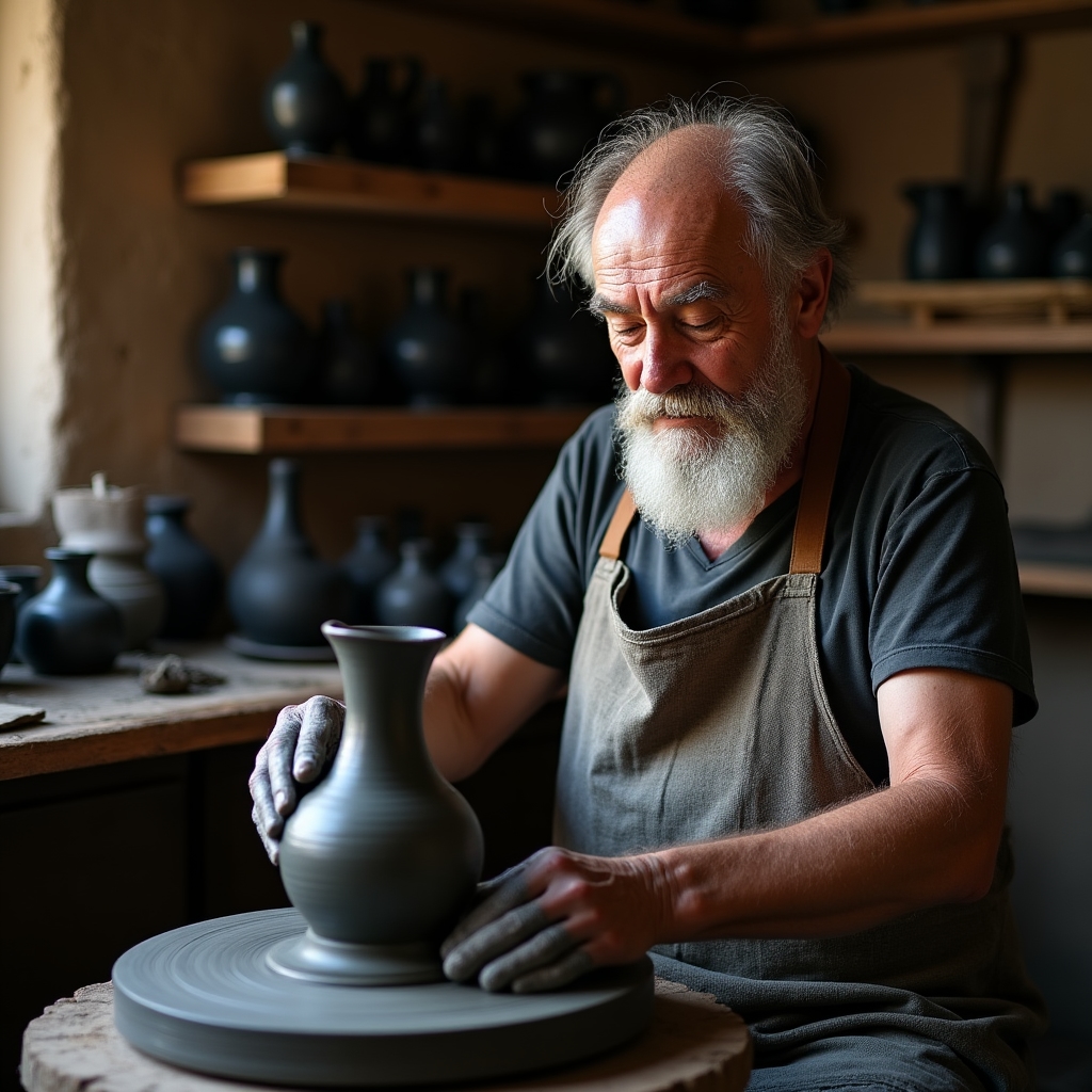 Meșter olar modelând ceramică tradițională în atelierul său din Bucovina, cu vase pictate în spate