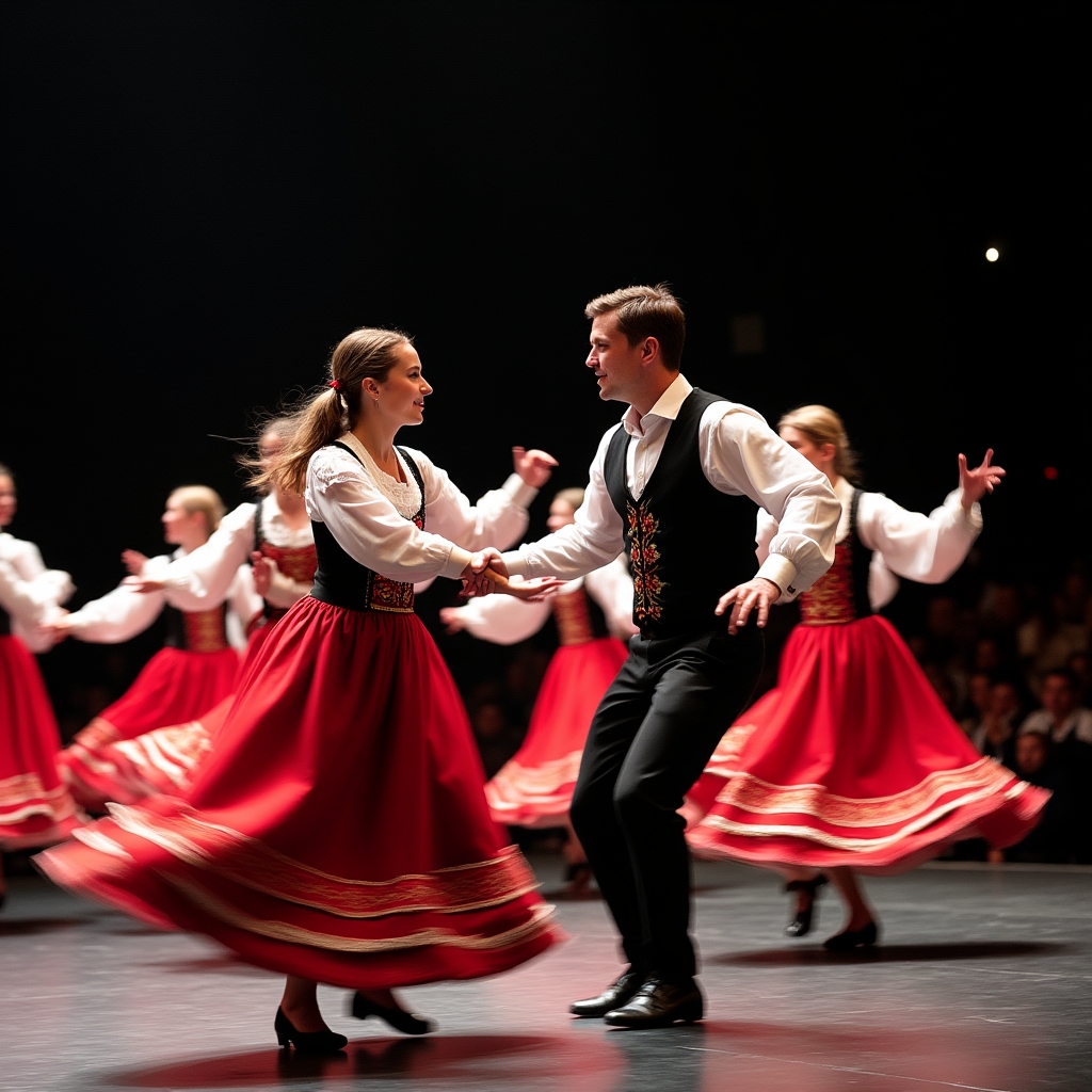 Ansamblu folcloric interpretând un dans popular din Ardeal în costume specifice zonei