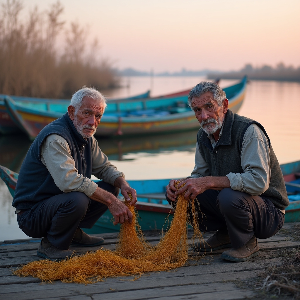 Pescari lipoveni reparând plase de pescuit în Delta Dunării, bărci colorate în fundal, lumină caldă de dimineață