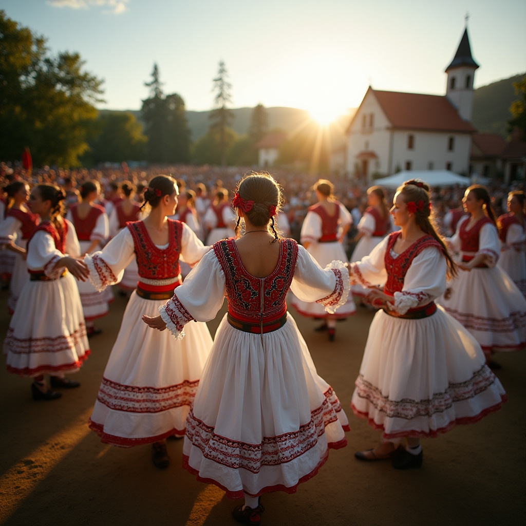 Dansatori în costume tradiționale românești la un festival folcloric