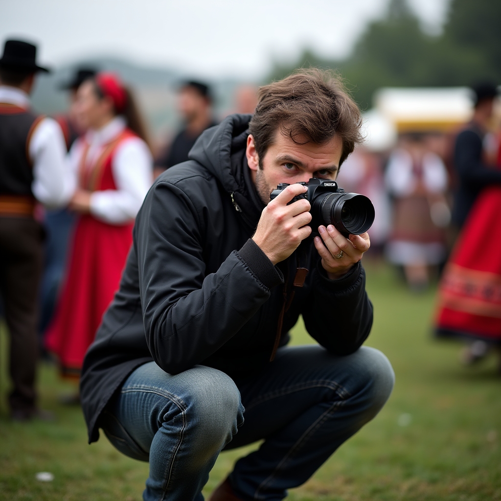 Fotograf documentarist fotografiind la un festival tradițional, cu echipament profesional, în mulțime de săteni în costume
