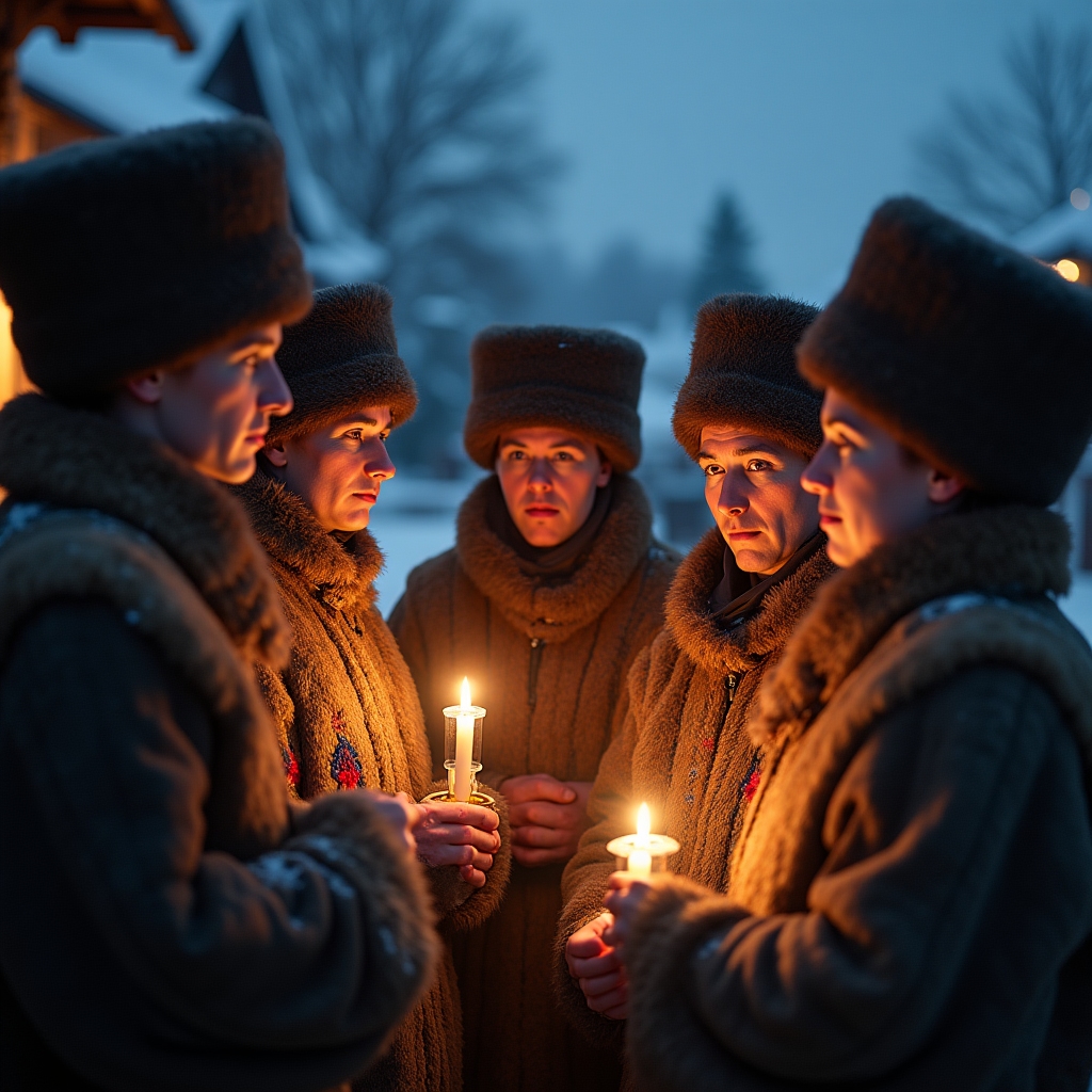 Grup de săteni în costume tradiționale de iarnă la un obicei de Crăciun din Bucovina