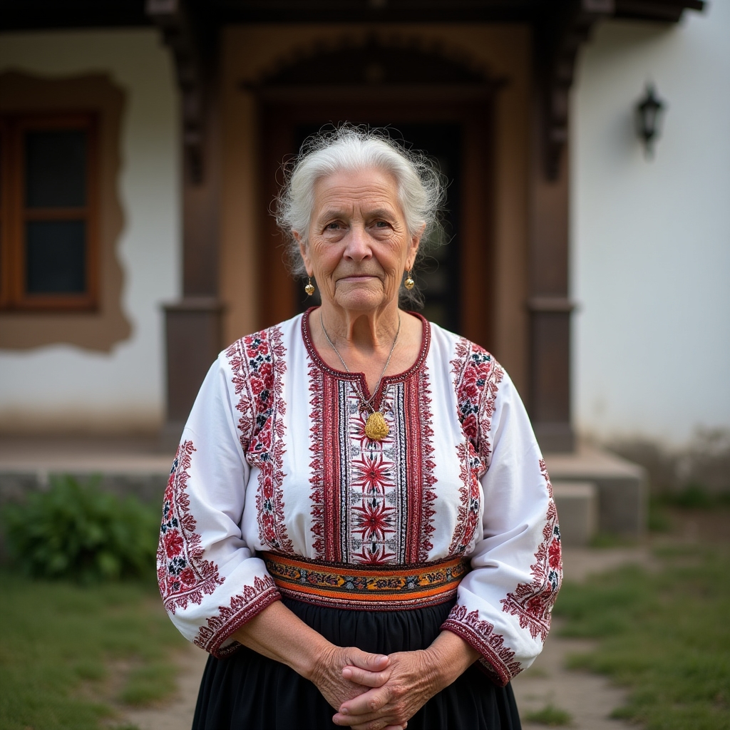 Femeie în vârstă purtând costum tradițional oltenesc complet, broderie roșie și neagră, fotografiată în fața casei