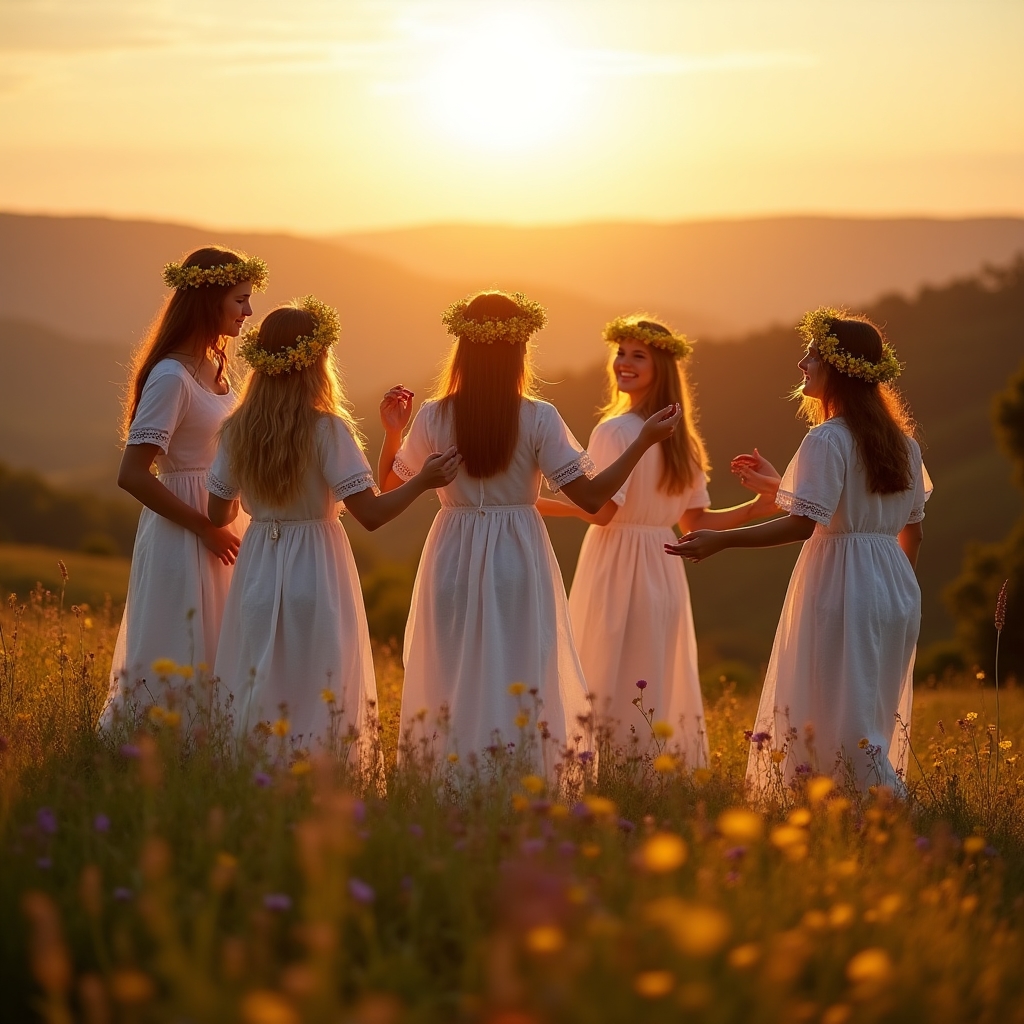 Tinere cu cununi de flori de Sânziene pe cap, dansând în cerc pe un câmp la apus de soare, atmosferă magică de solstițiu